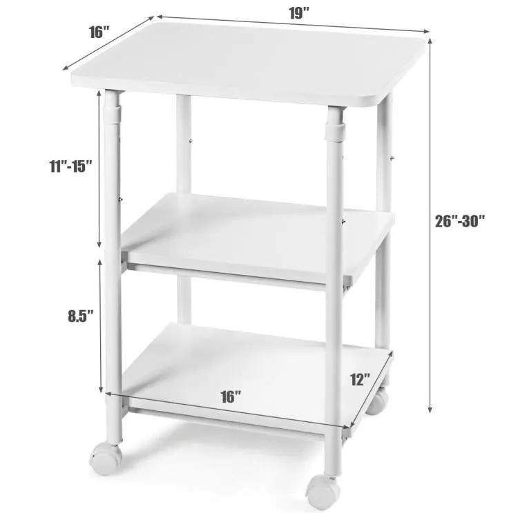 White Multifunction Adjustable Height 3-tier Printer Stand on Wheels by HomePacific