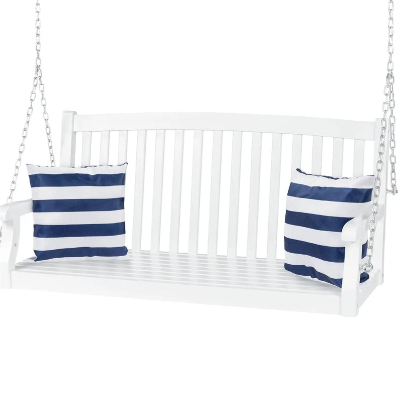 White Acacia Wooden Curved Back Hanging Porch Swing Bench with Mounting Chains by HomePacific