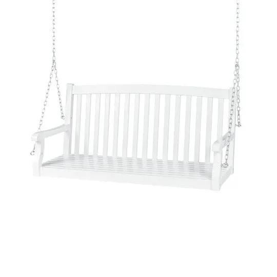 White Acacia Wooden Curved Back Hanging Porch Swing Bench with Mounting Chains by HomePacific