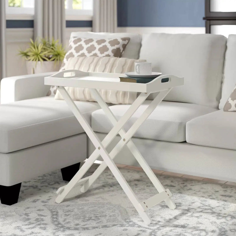 Folding TV Tray Bedside Table in White Wood Finish by HomePacific