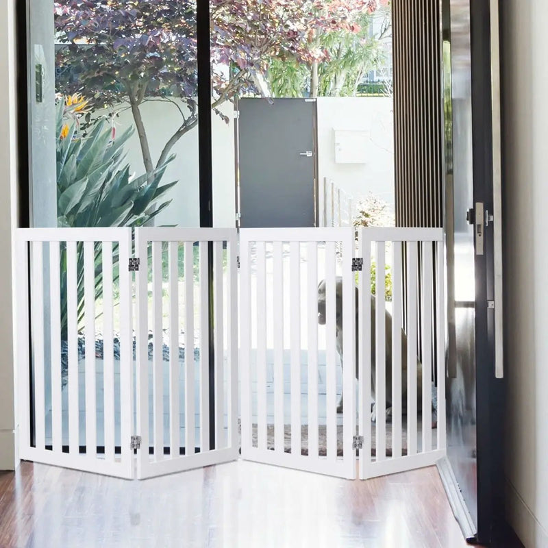 Folding 4-Panel Dog Gate Pet Fence in White Wood Finish by HomePacific