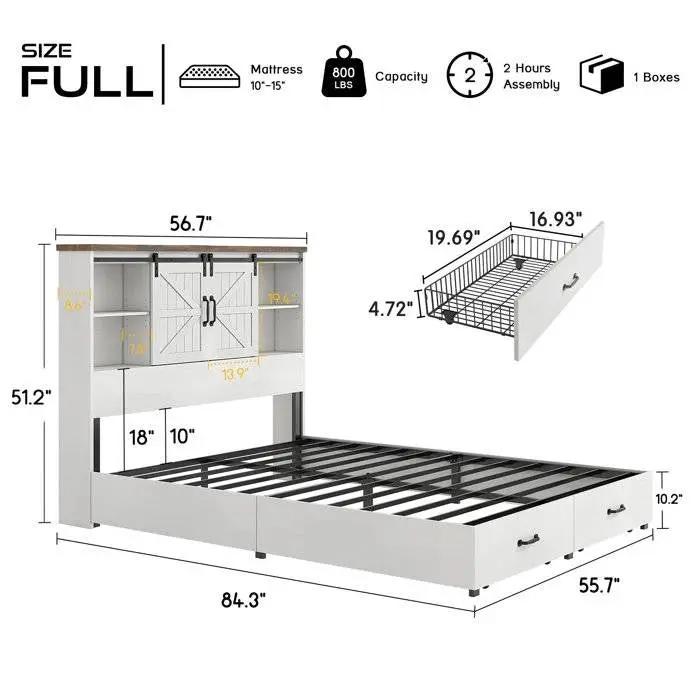 Full White Farmhouse Platform Bed with Bookcase Headboard and Storage Drawers by HomePacific