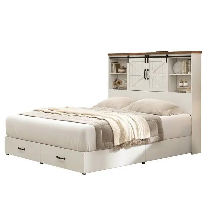 Queen White Farmhouse Platform Bed with Bookcase Headboard and Storage Drawers by HomePacific