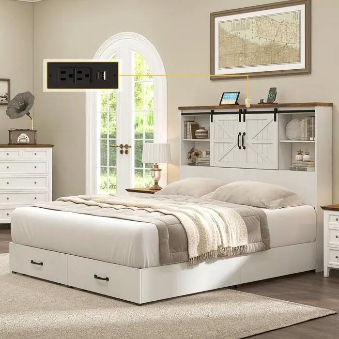 Queen White Farmhouse Platform Bed with Bookcase Headboard and Storage Drawers by HomePacific