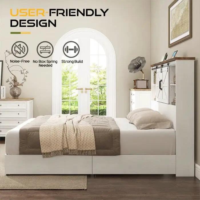 Queen White Farmhouse Platform Bed with Bookcase Headboard and Storage Drawers by HomePacific