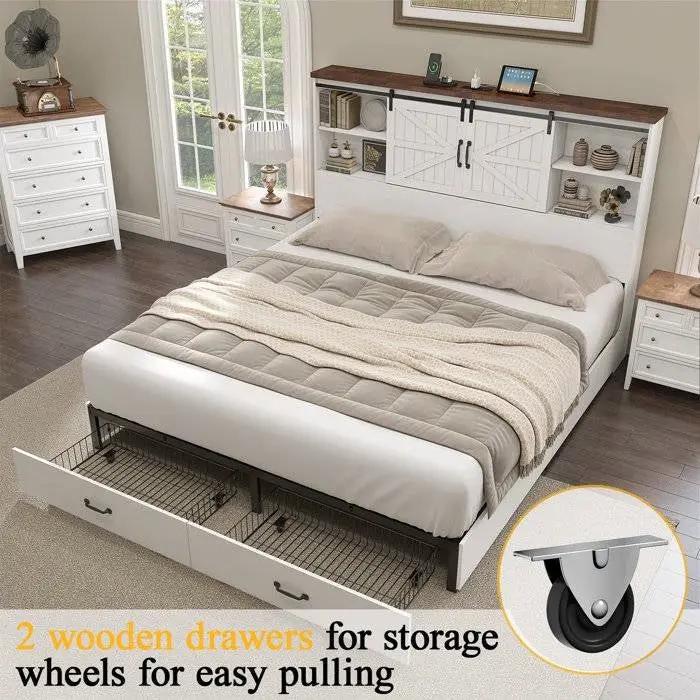 Queen White Farmhouse Platform Bed with Bookcase Headboard and Storage Drawers by HomePacific