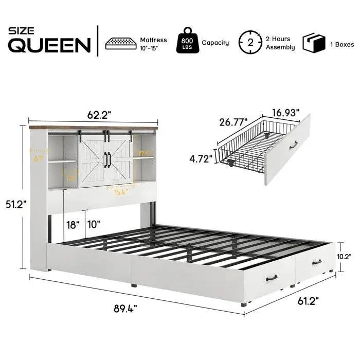Queen White Farmhouse Platform Bed with Bookcase Headboard and Storage Drawers by HomePacific