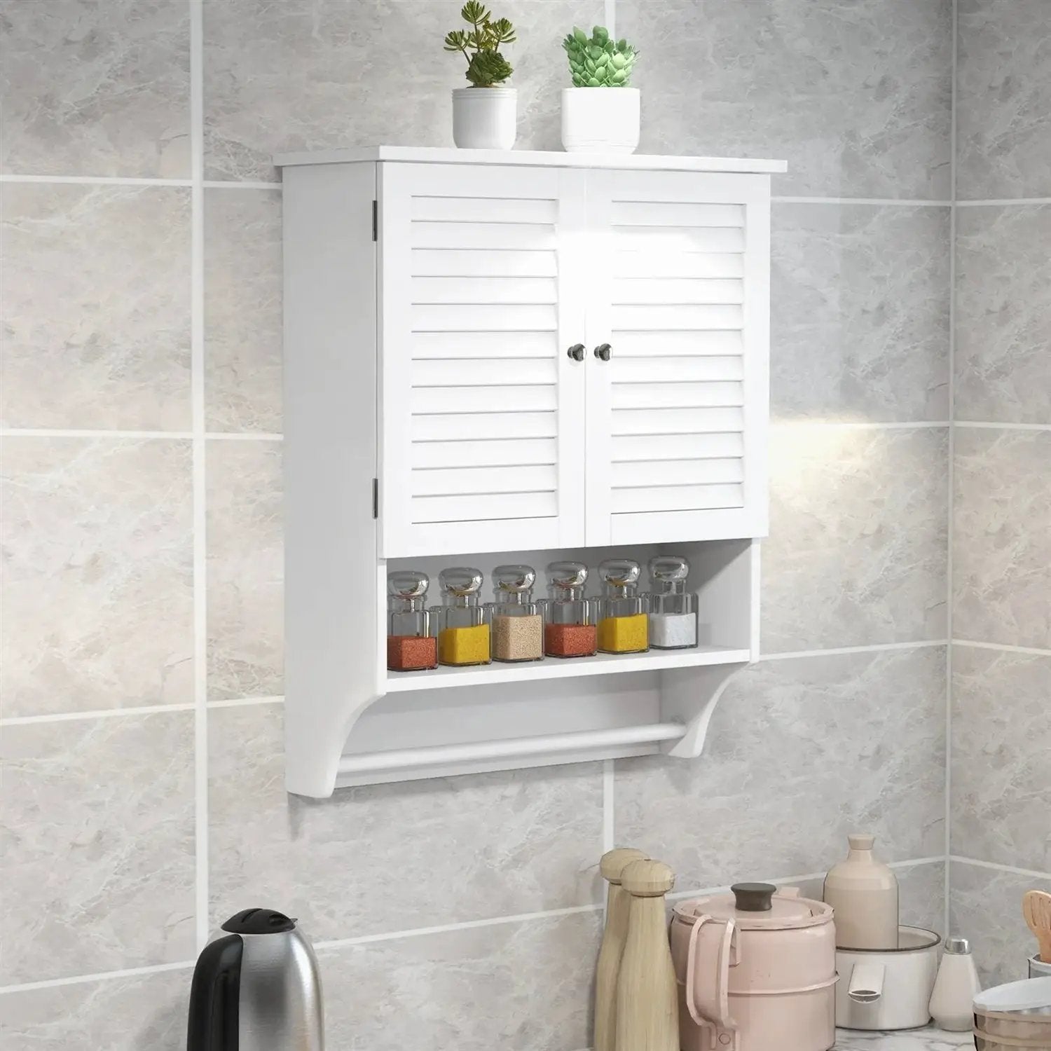 White Wall-Mounted Bathroom Storage Medicine Cabinet with Louver Doors by HomePacific