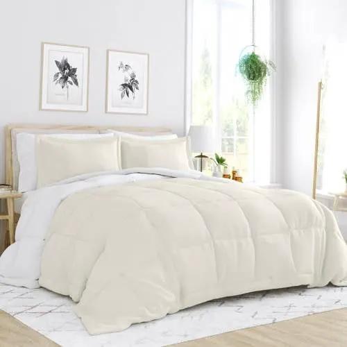 King/Cal King 3-Piece Microfiber Reversible Comforter Set in White and Cream by HomePacific