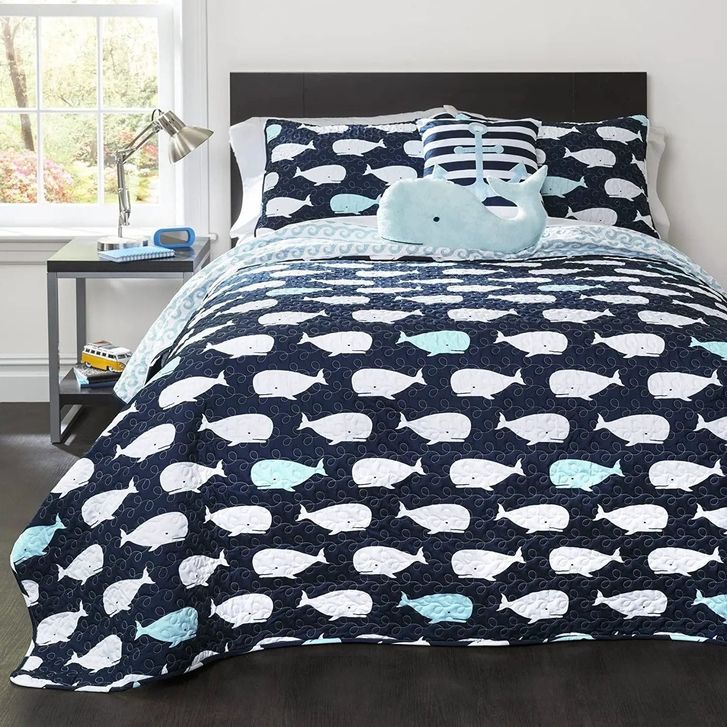 Full/Queen 5 Piece Bed In A Bag Navy Teal Microfiber Waves Whales Quilt Set by HomePacific