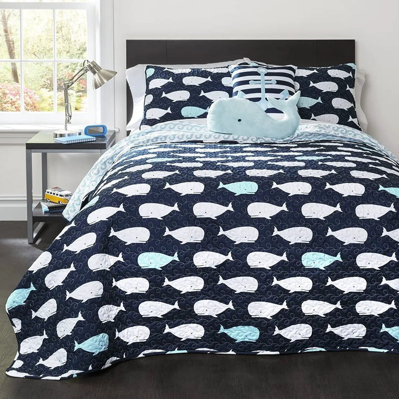 Full/Queen 5 Piece Bed In A Bag Navy Teal Microfiber Waves Whales Quilt Set by HomePacific