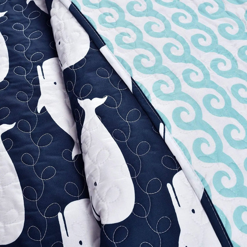 Full/Queen 5 Piece Bed In A Bag Navy Teal Microfiber Waves Whales Quilt Set by HomePacific