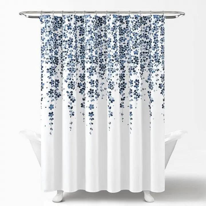72-inch White Navy and Light Blue Floral Vines and Flowers Shower Curtain by HomePacific