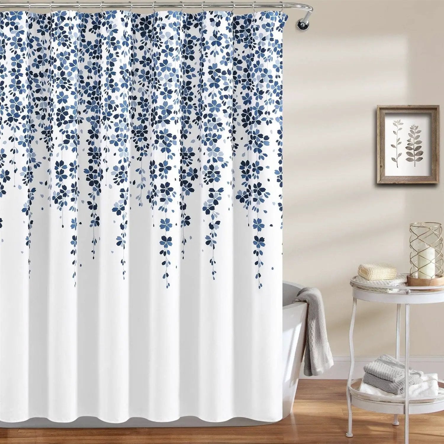 72-inch White Navy and Light Blue Floral Vines and Flowers Shower Curtain by HomePacific