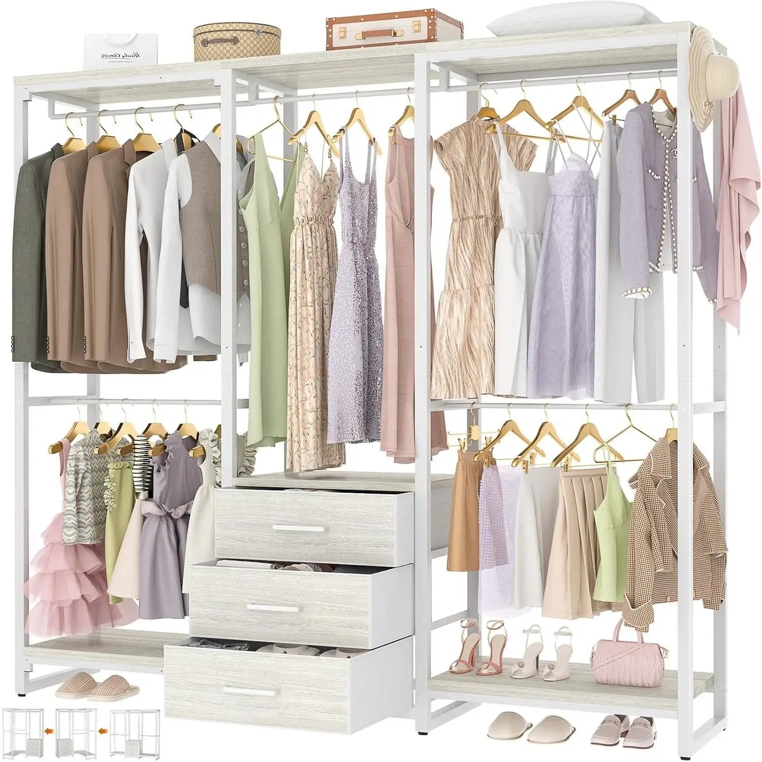 Heavy Duty White Metal Freestanding Garment Rack Closet Wardrobe with 3 Drawers by HomePacific