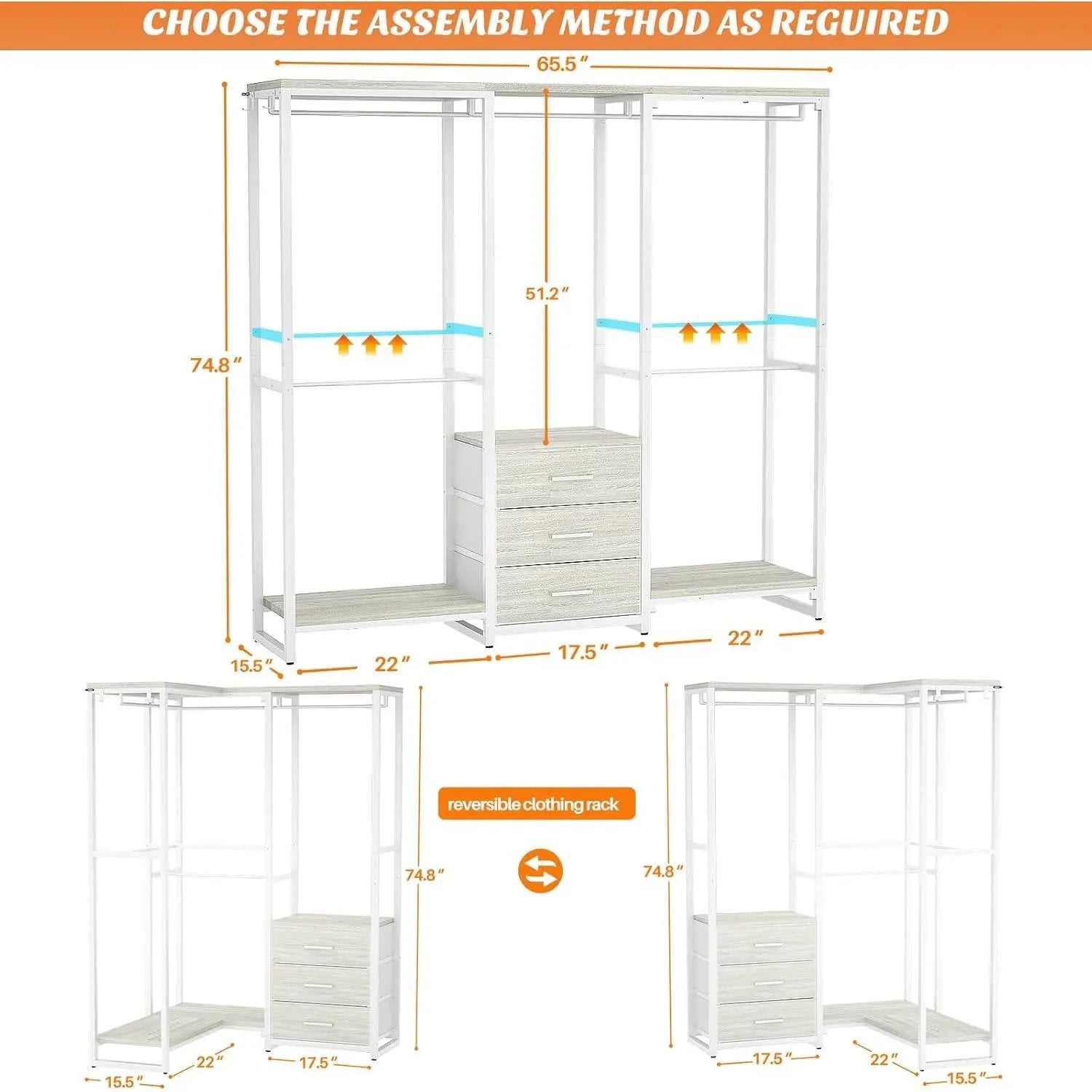Heavy Duty White Metal Freestanding Garment Rack Closet Wardrobe with 3 Drawers by HomePacific