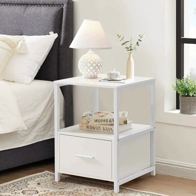 Set of 2 - Modern White Metal Wood Side End Table Nightstand with Storage Drawer by HomePacific
