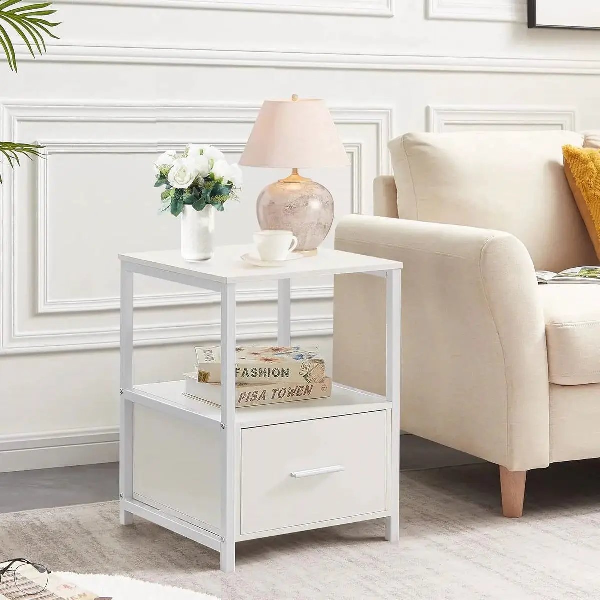 Set of 2 - Modern White Metal Wood Side End Table Nightstand with Storage Drawer by HomePacific