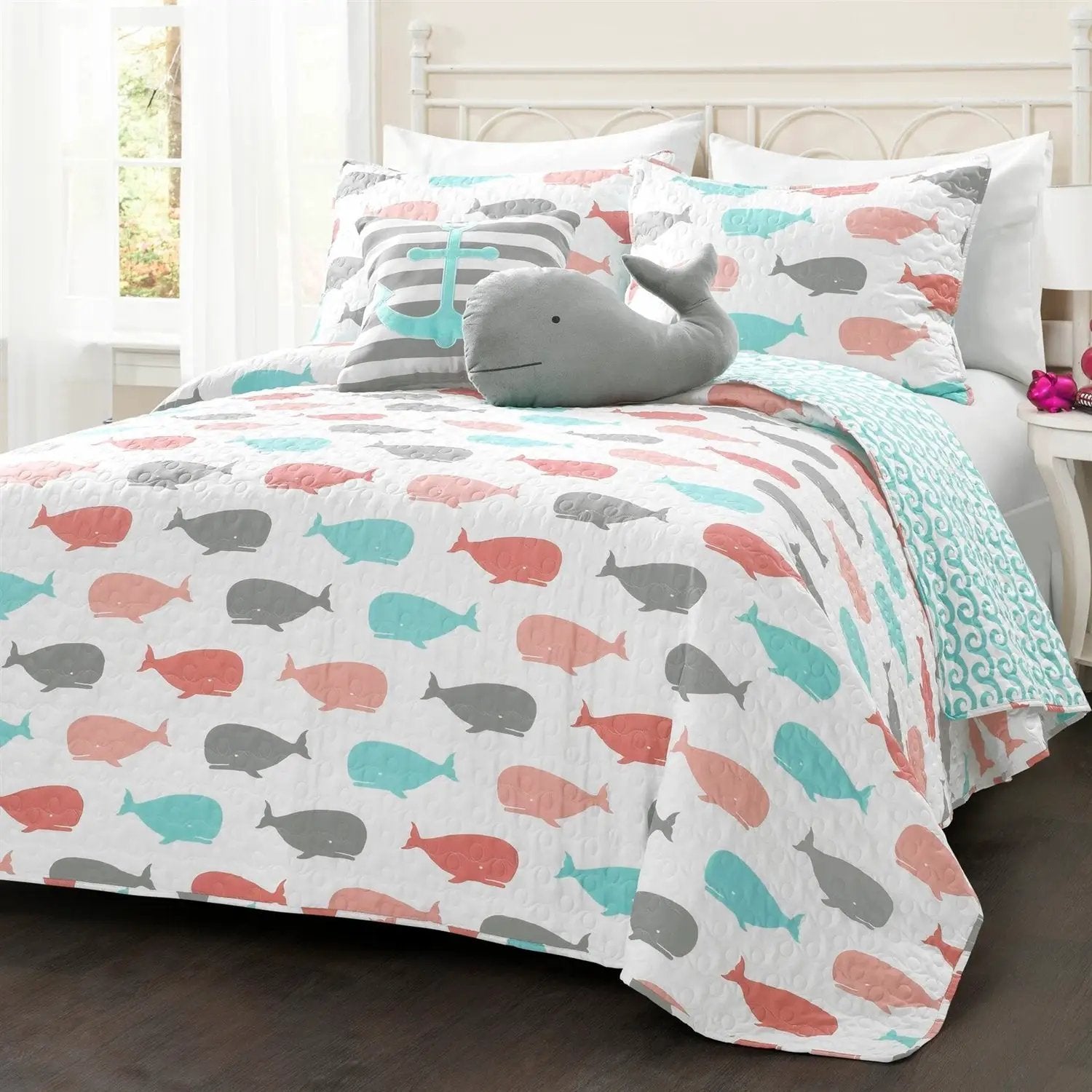 Full/Queen 5 Piece Microfiber Quilt Set in Teal Pink Aqua Waves Whale Pattern by HomePacific