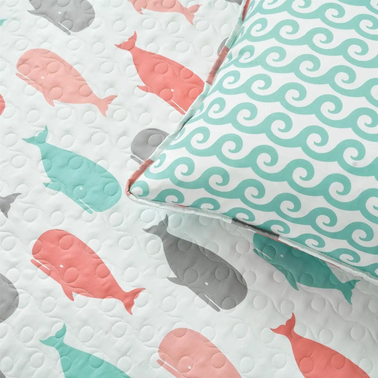 Full/Queen 5 Piece Microfiber Quilt Set in Teal Pink Aqua Waves Whale Pattern by HomePacific