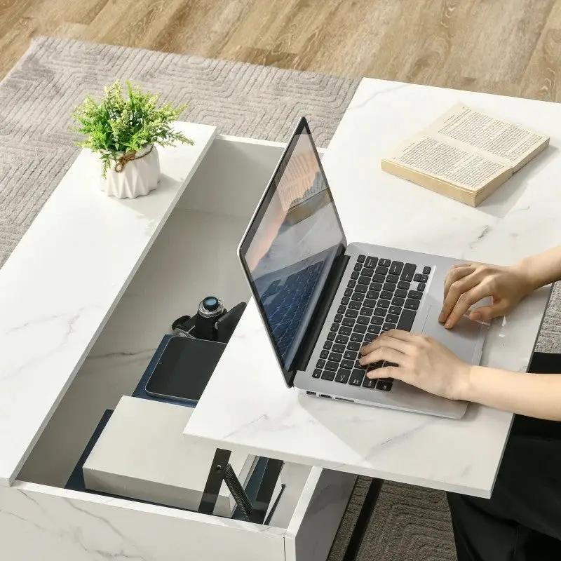 Modern White Lift Top Coffee Table w/ Hidden Storage Black Metal Legs by HomePacific