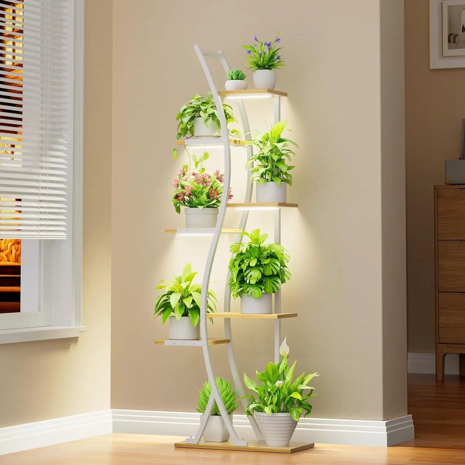 63-inch Tall Indoor Plant Stand with White Metal Frame and Wood Finish Shelves by HomePacific
