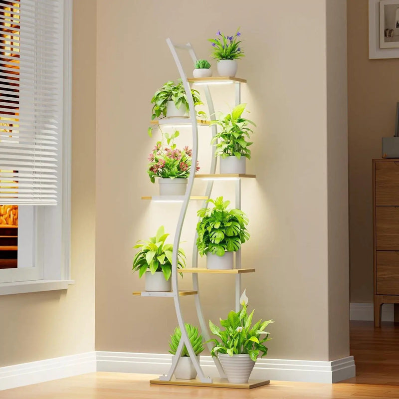 63-inch Tall Indoor Plant Stand with White Metal Frame and Wood Finish Shelves by HomePacific