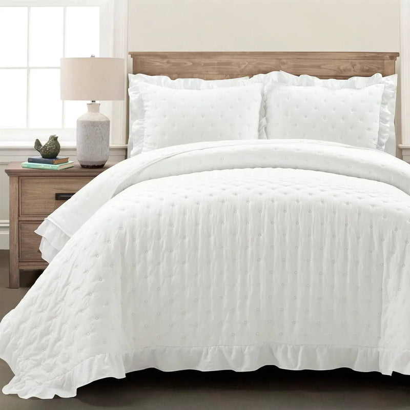 Full/Queen Lightweight White Ruffle Reversible Oversized 3 Piece Quilt Set by HomePacific