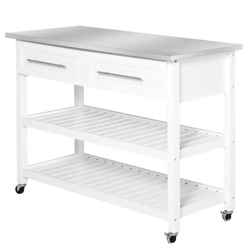 White Rolling Kitchen Island 2 Drawers Storage with Stainless Steel Top by HomePacific