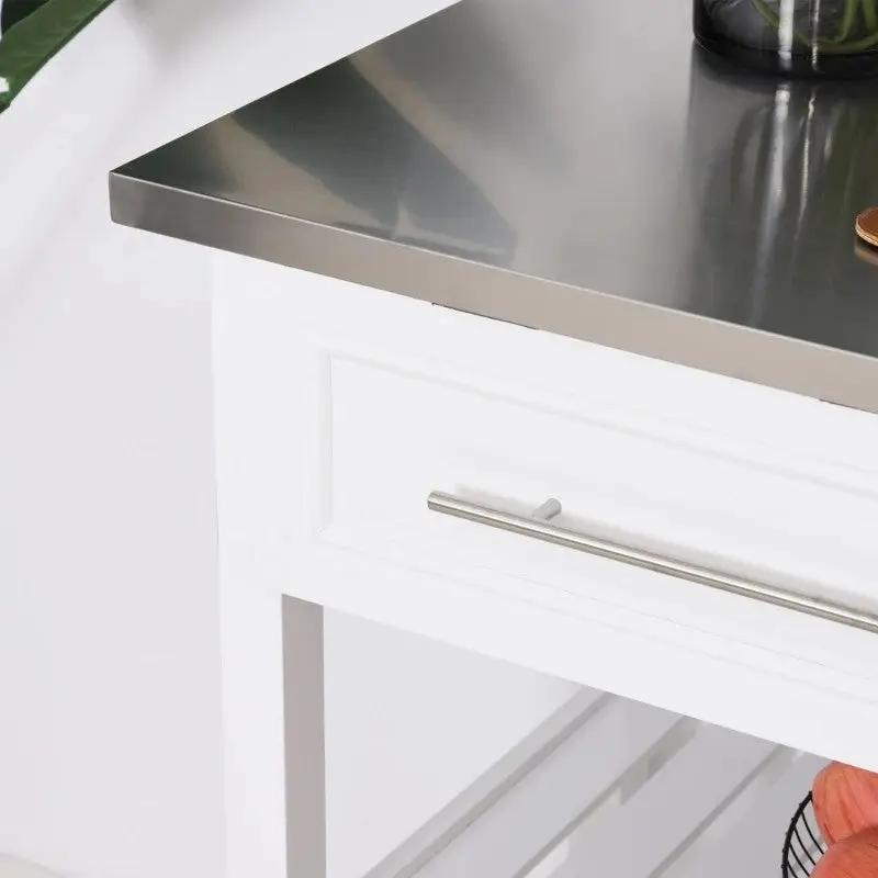 White Rolling Kitchen Island 2 Drawers Storage with Stainless Steel Top by HomePacific