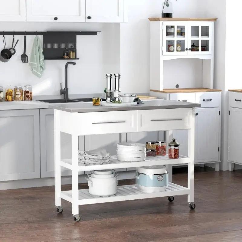 White Rolling Kitchen Island 2 Drawers Storage with Stainless Steel Top by HomePacific
