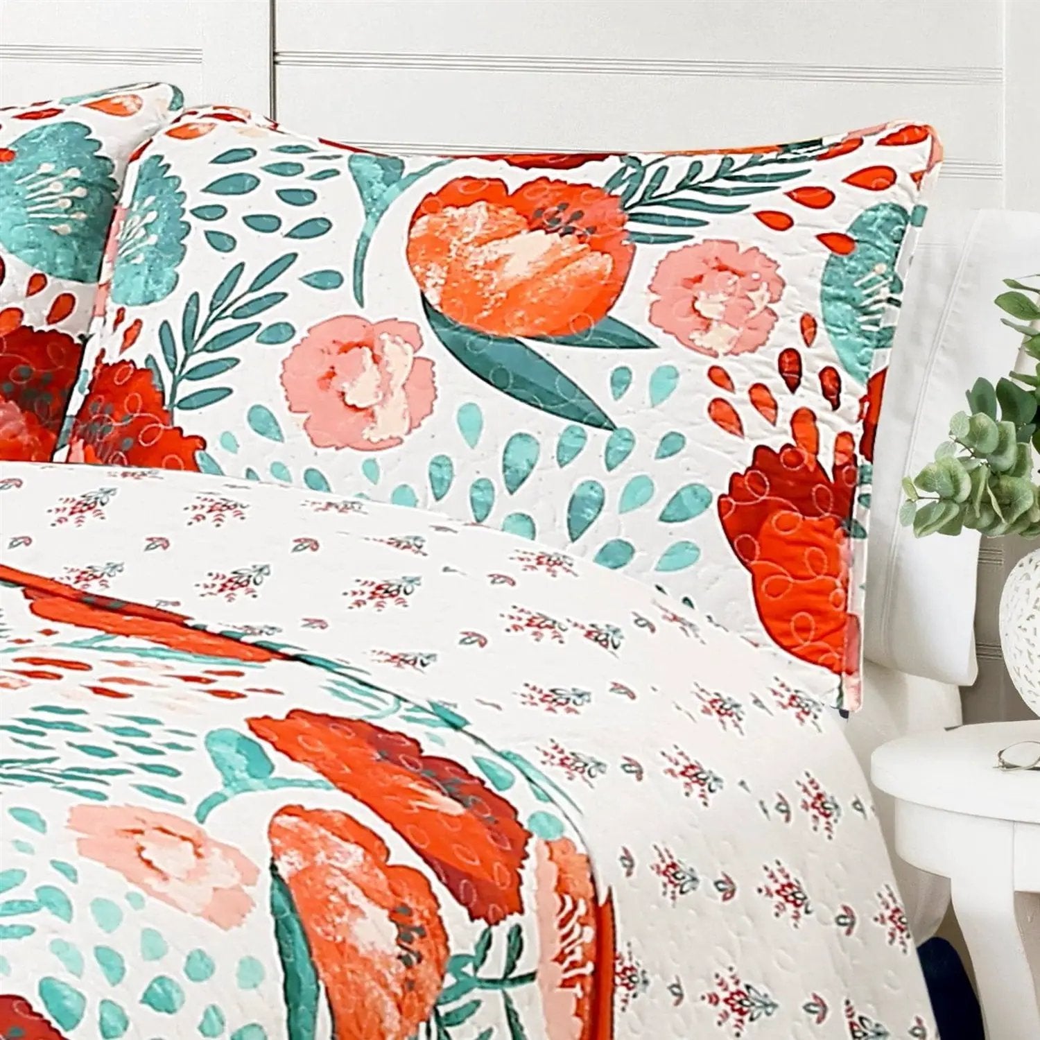 Full/Queen Red Poppy Flower White Teal Lightweight 3 Piece Cotton Quilt Set by HomePacific