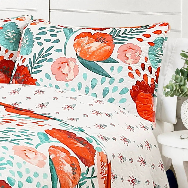 Full/Queen Red Poppy Flower White Teal Lightweight 3 Piece Cotton Quilt Set by HomePacific