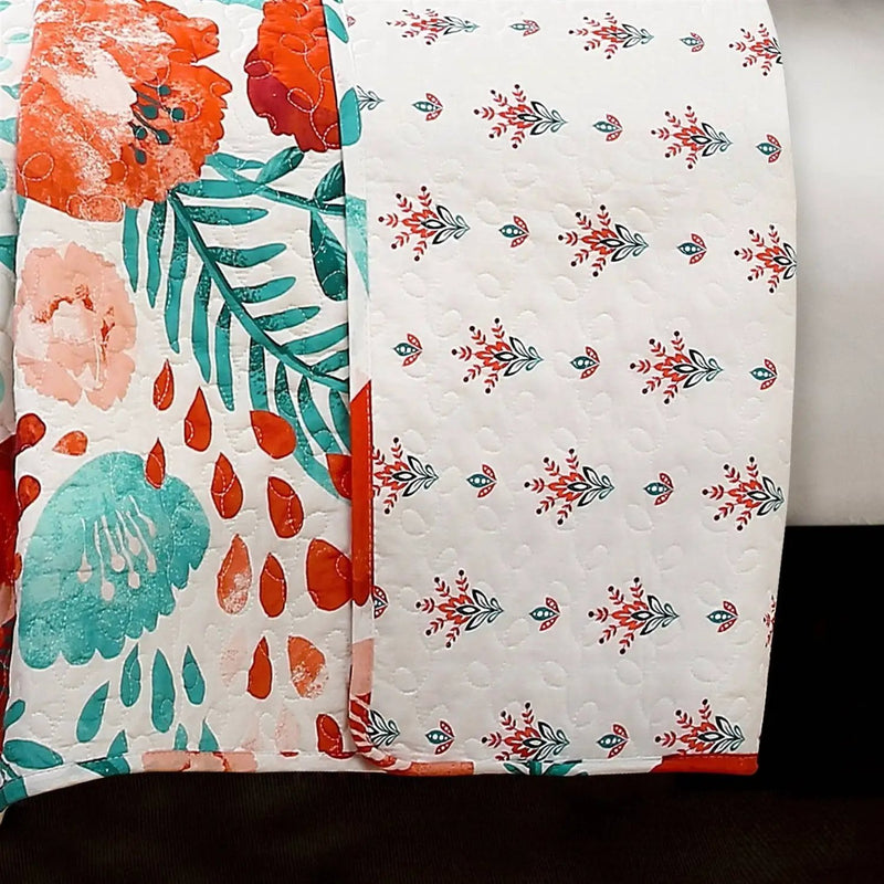 Full/Queen Red Poppy Flower White Teal Lightweight 3 Piece Cotton Quilt Set by HomePacific