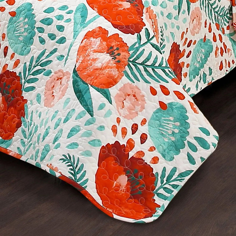 Full/Queen Red Poppy Flower White Teal Lightweight 3 Piece Cotton Quilt Set by HomePacific