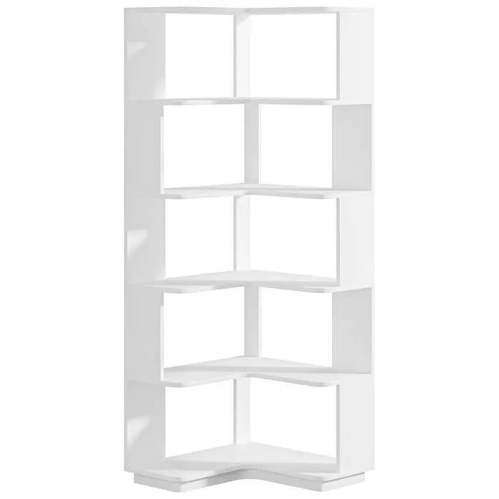 Multifunctional 6 Shelf Corner L-Shaped Bookcase in White Wood Finish by HomePacific