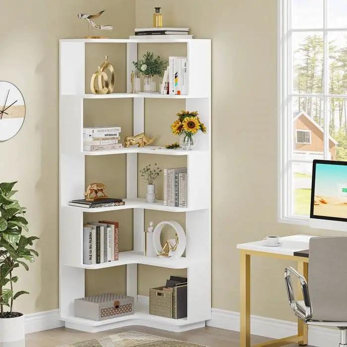 Multifunctional 6 Shelf Corner L-Shaped Bookcase in White Wood Finish by HomePacific