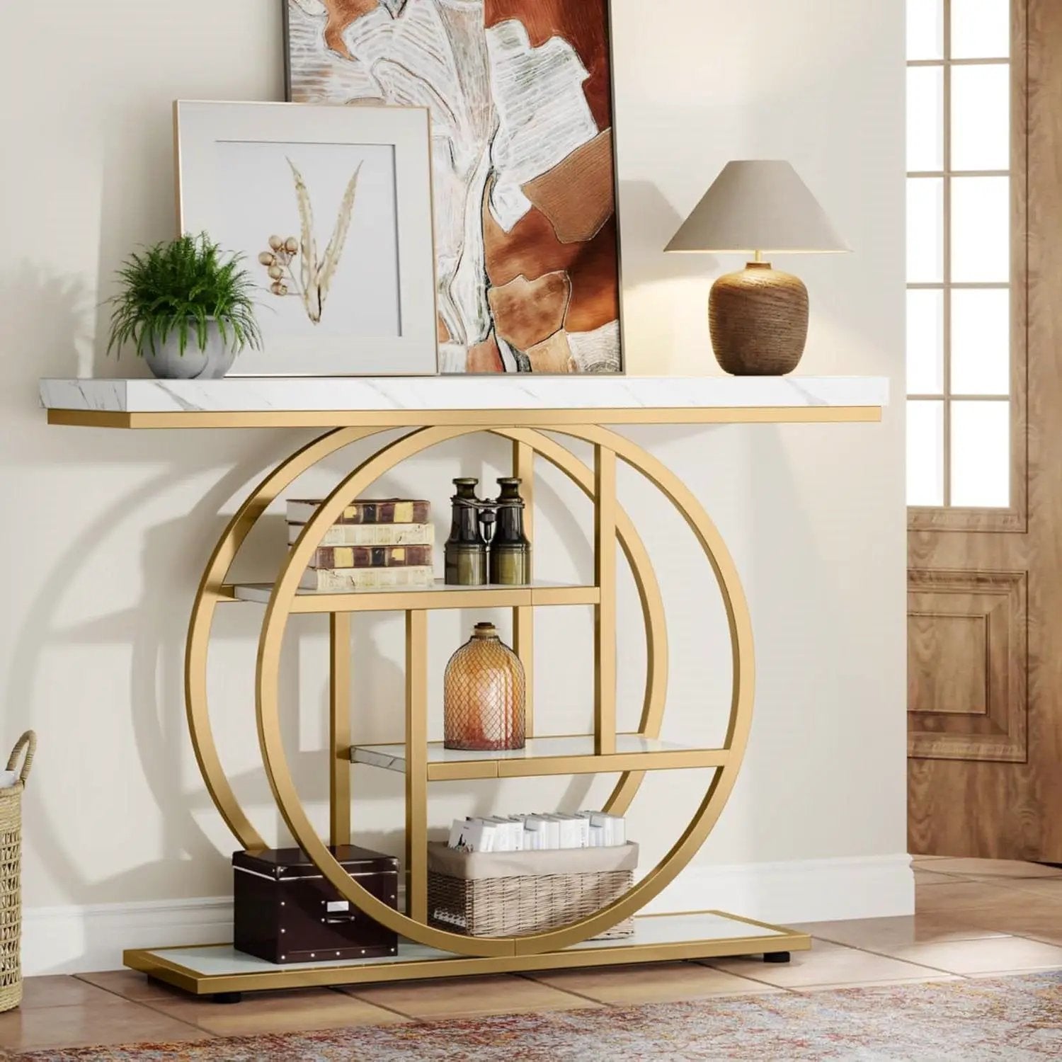 Modern Round Gold Metal Frame Foyer Console Table with White Faux Marble Shelves by HomePacific