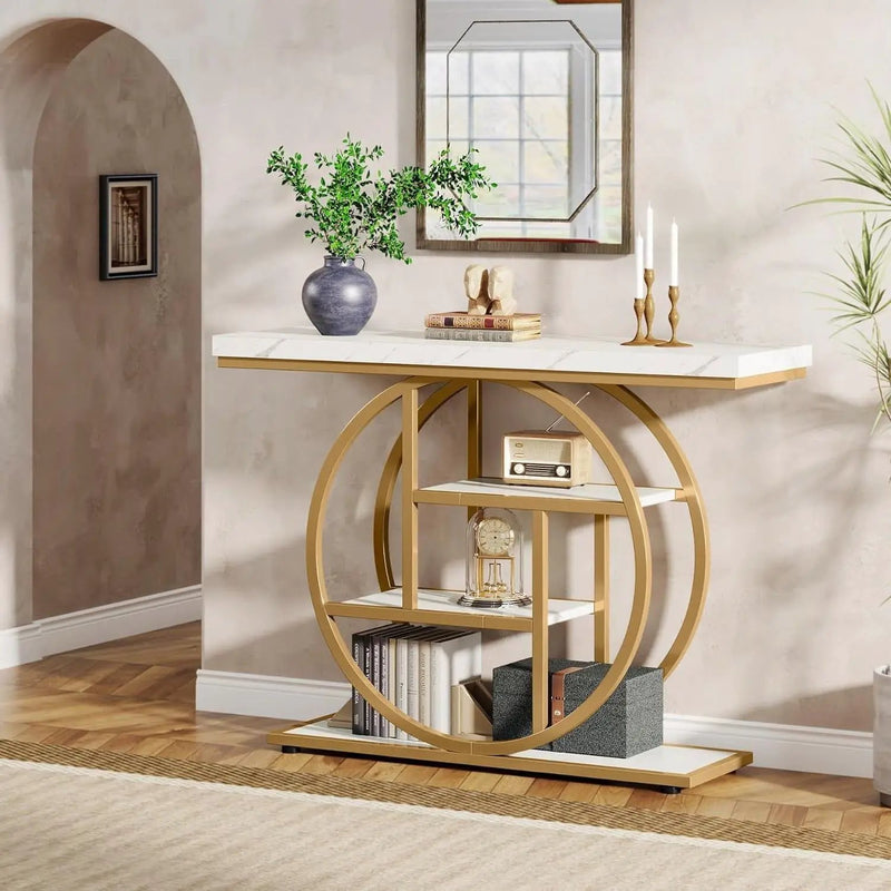 Modern Round Gold Metal Frame Foyer Console Table with White Faux Marble Shelves by HomePacific
