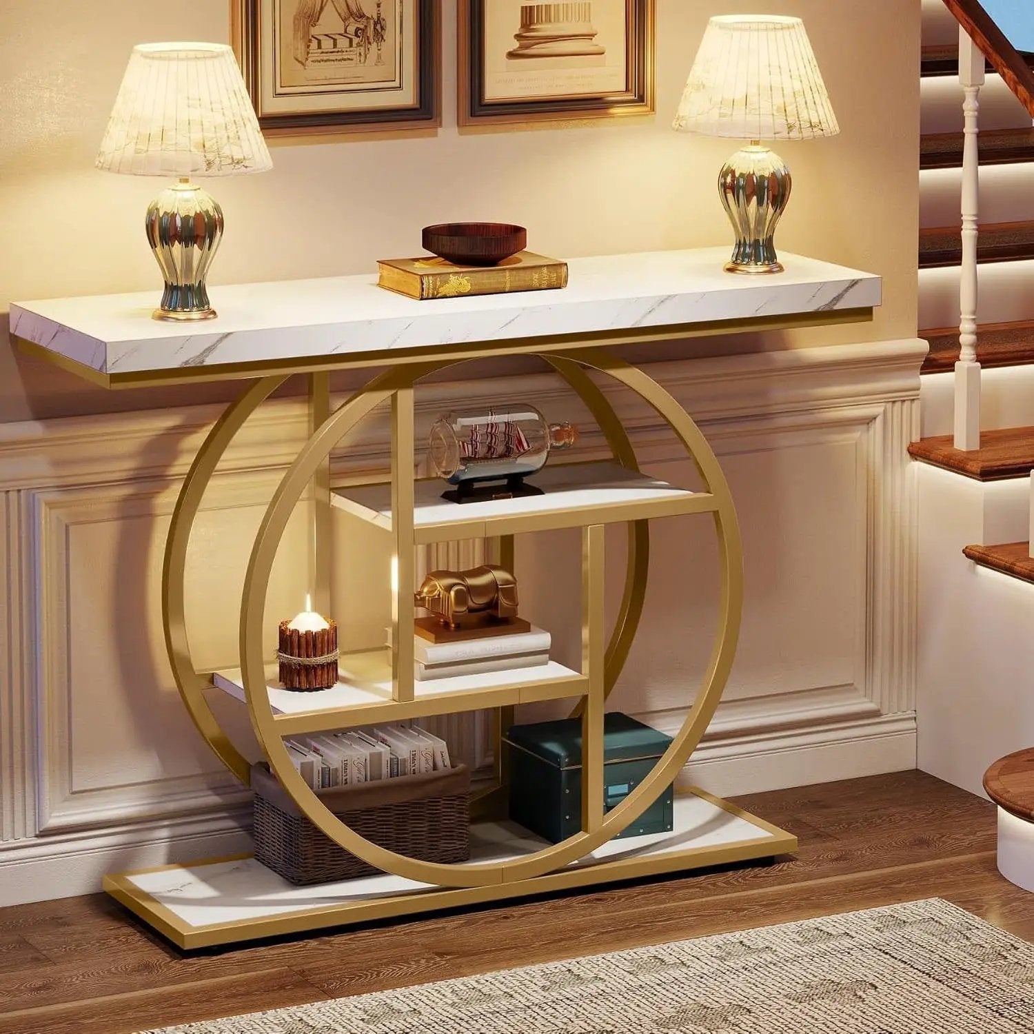 Modern Round Gold Metal Frame Foyer Console Table with White Faux Marble Shelves by HomePacific