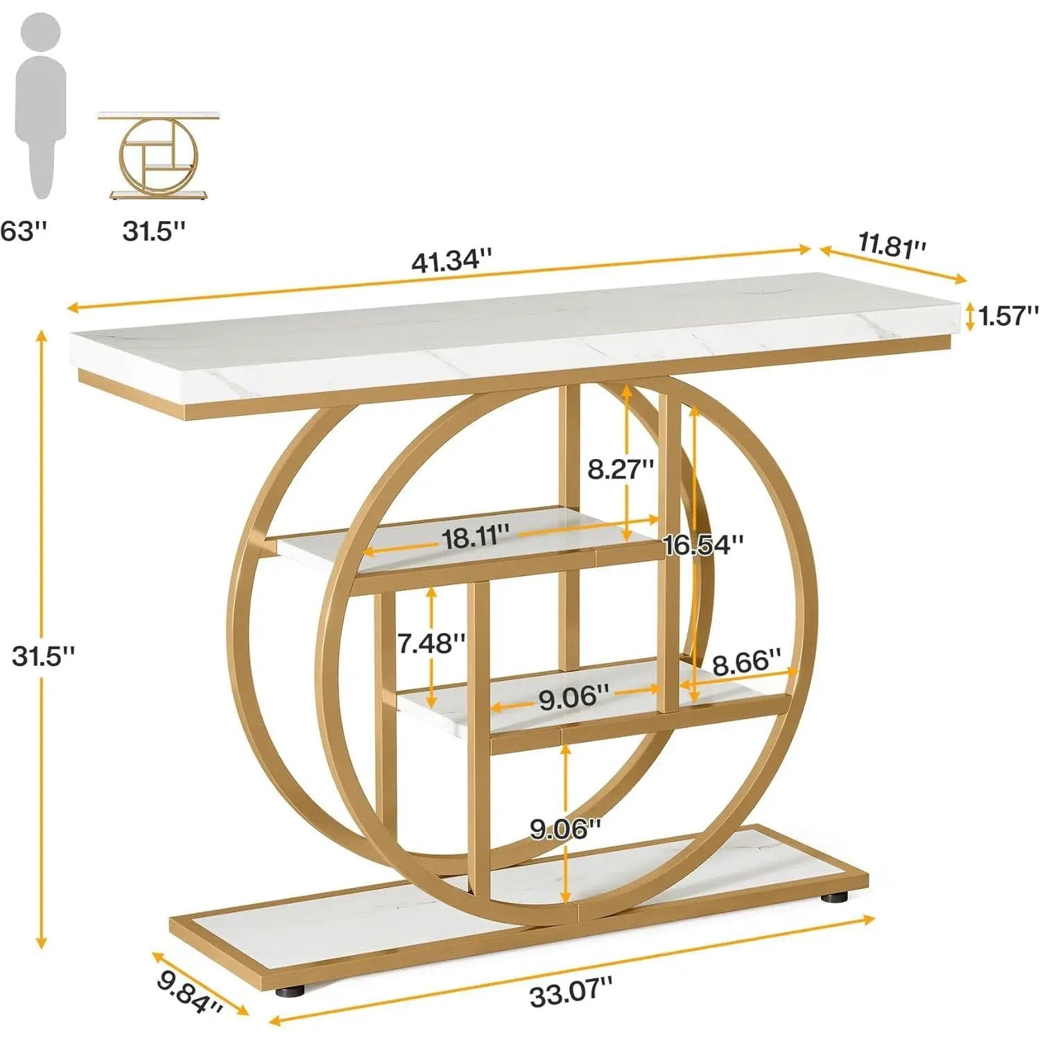 Modern Round Gold Metal Frame Foyer Console Table with White Faux Marble Shelves by HomePacific