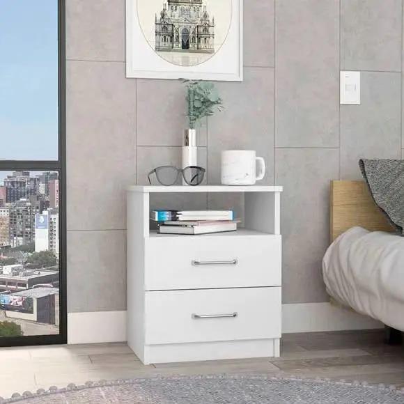 Modern 2-Drawer Nightstand with Open Shelf in White Wood Finish by HomePacific