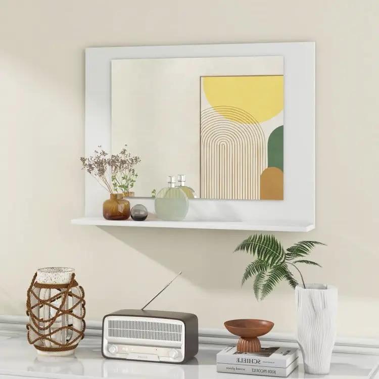 Rectangular Bathroom Wall Mirror with Storage Shelf and White Wood Frame by HomePacific