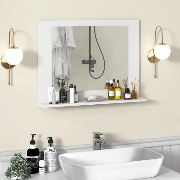 Rectangular Bathroom Wall Mirror with Storage Shelf and White Wood Frame by HomePacific