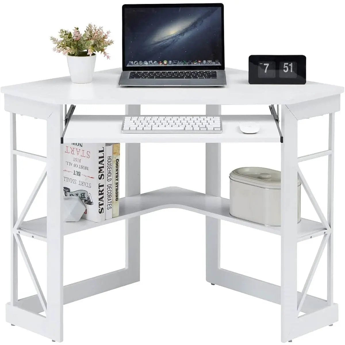 Corner Computer Desk with Keyboard Tray Storage Shelves in White by HomePacific