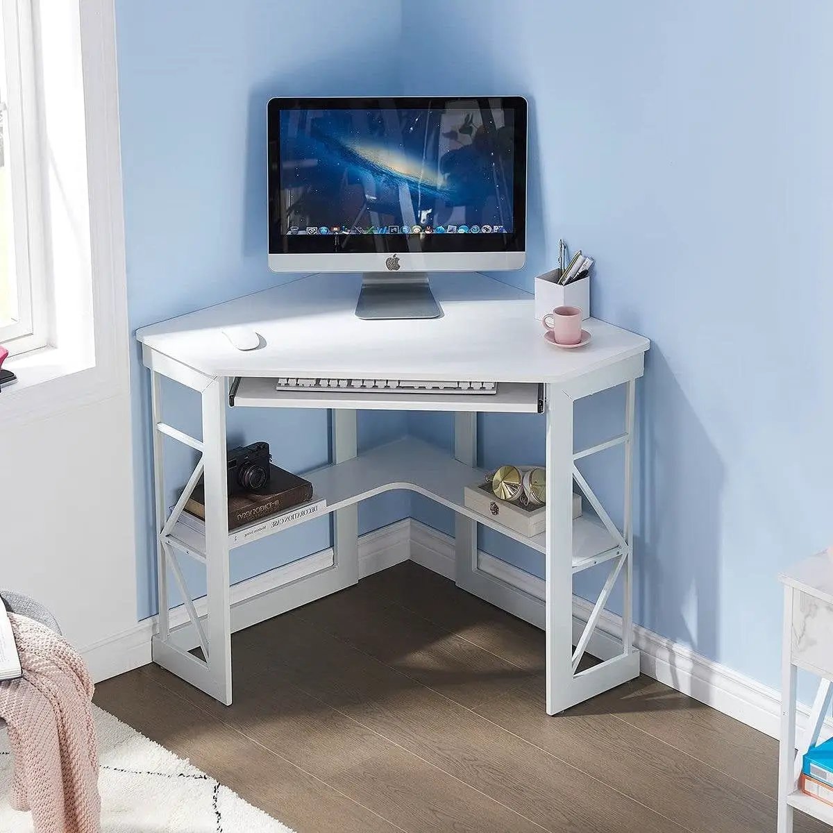 Corner Computer Desk with Keyboard Tray Storage Shelves in White by HomePacific