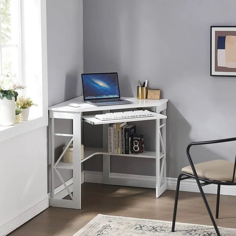 Corner Computer Desk with Keyboard Tray Storage Shelves in White by HomePacific