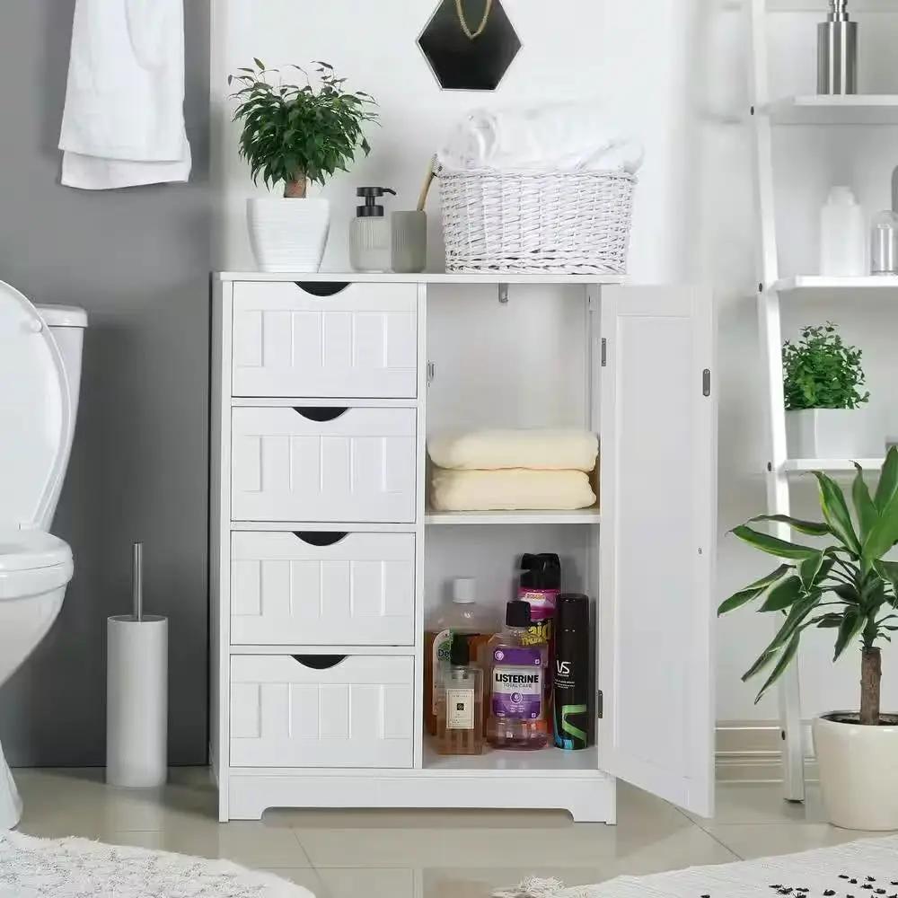 Modern Farmhouse 4-Drawer Bathroom Linen Cabinet in White Wood Finish by HomePacific