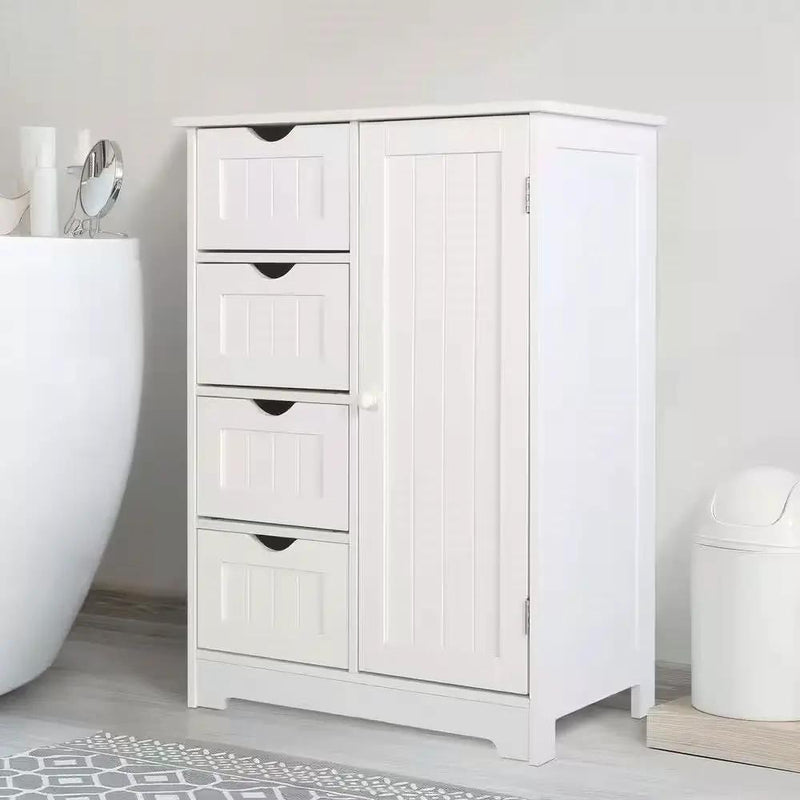 Modern Farmhouse 4-Drawer Bathroom Linen Cabinet in White Wood Finish by HomePacific