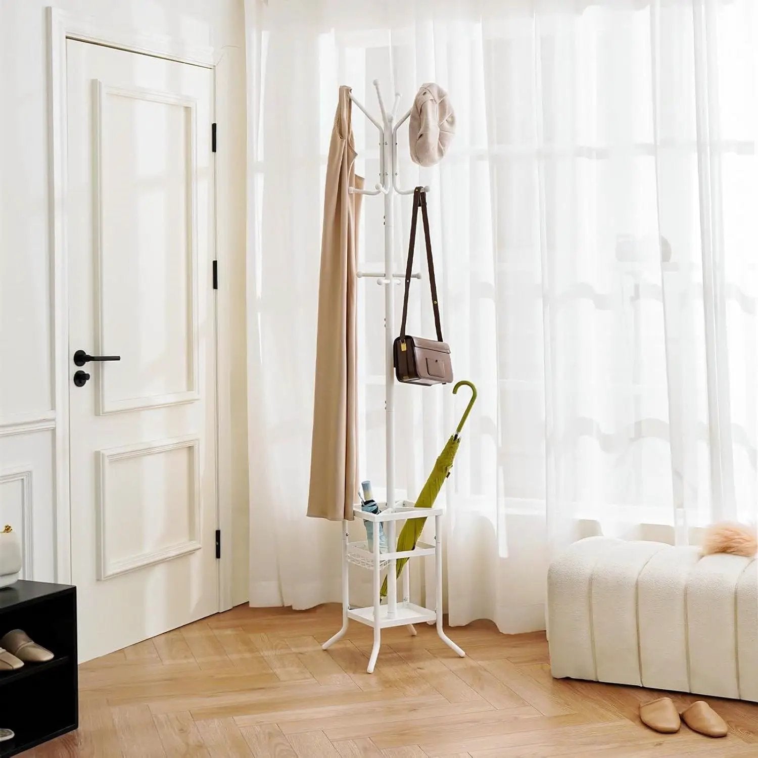 White Metal Coat Rack Entryway Hall Tree with Umbrella Holder by HomePacific